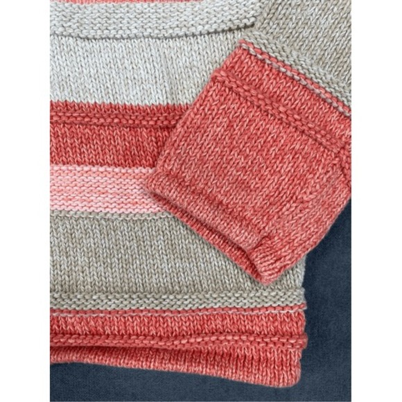 LL Bean Sweater Knit Button Up Cardigan Womens Petite M Pink Orange Cream Stripe - Picture 2 of 7